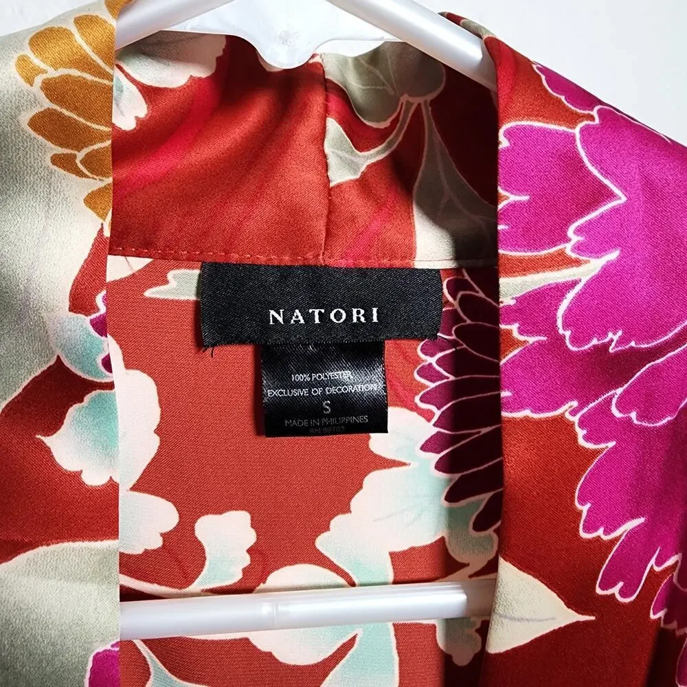 Natori Auburn Floral Robe Satin Red Orange Print Pockets Tie Waist Kimono Size S - Picture 4 of 8